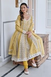 KARAJ JAIPUR_Yellow Anarkali And Pant Cotton Printed Lotus Notched Set_at_Aza_Fashions