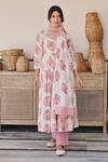 Shop_KARAJ JAIPUR_Pink Angrakha Anarkali And Pant Cotton Printed Rose V Neck Set_Online_at_Aza_Fashions