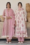 Buy_KARAJ JAIPUR_Pink Angrakha Anarkali And Pant Cotton Printed Rose V Neck Set