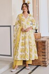 Buy_KARAJ JAIPUR_Yellow Angrakha Anarkali And Pant Cotton Printed Rose V Neck Set_at_Aza_Fashions