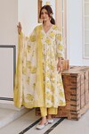 KARAJ JAIPUR_Yellow Angrakha Anarkali And Pant Cotton Printed Rose V Neck Set_Online_at_Aza_Fashions