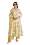 Buy_KARAJ JAIPUR_Yellow Angrakha Anarkali And Pant Cotton Printed Rose V Neck Set_Online_at_Aza_Fashions