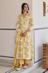 Shop_KARAJ JAIPUR_Yellow Angrakha Anarkali And Pant Cotton Printed Rose V Neck Set_Online_at_Aza_Fashions