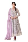 KARAJ JAIPUR_Purple Angrakha Anarkali And Pant Cotton Printed Floral Vine Scallop V Neck Set_Online_at_Aza_Fashions