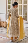 Shop_KARAJ JAIPUR_Yellow Angrakha Anarkali And Pant Cotton Printed Floral Vine Scallop V Neck Set_at_Aza_Fashions