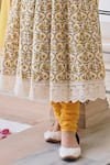 KARAJ JAIPUR_Yellow Angrakha Anarkali And Pant Cotton Printed Floral Vine Scallop V Neck Set_Online_at_Aza_Fashions