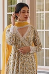 KARAJ JAIPUR_Yellow Angrakha Anarkali And Pant Cotton Printed Floral Vine Scallop V Neck Set_at_Aza_Fashions