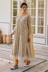 Buy_KARAJ JAIPUR_Yellow Angrakha Anarkali And Pant Cotton Printed Floral Vine Scallop V Neck Set