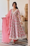 Shop_KARAJ JAIPUR_Red Angrakha Anarkali And Pant Cotton Printed Floral Vine Scallop V Neck Set 