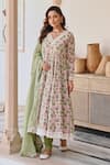 KARAJ JAIPUR_Green Anarkali And Pant Cotton Printed Floral Jaal Scallop V Neck Set_Online_at_Aza_Fashions