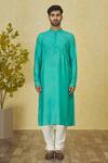 Priyanka Haralalka_Green Chanderi Silk, Cotton, Kota Doria Checkered Resham Bundi Kurta Set _Online_at_Aza_Fashions