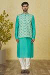 Buy_Priyanka Haralalka_Green Chanderi Silk, Cotton, Kota Doria Checkered Resham Bundi Kurta Set _Online_at_Aza_Fashions