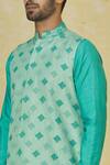 Shop_Priyanka Haralalka_Green Chanderi Silk, Cotton, Kota Doria Checkered Resham Bundi Kurta Set _Online_at_Aza_Fashions