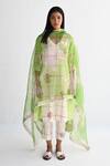 Buy_Shorshe Clothing_Green Organza Printed Floral Checkered Dupatta_at_Aza_Fashions