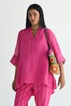 Buy_Shorshe Clothing_Pink Linen Stripes V-neck High-low Kurta With Pant_Online_at_Aza_Fashions
