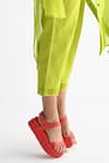 Shorshe Clothing_Green Mul Chanderi Patchwork Shirt Mandarin Collar Plain Long Pant Set_at_Aza_Fashions