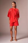 Shop_neetiandmudita_Red Cotton Embellished Sequin Collared Detailed Oversized Shirt _at_Aza_Fashions