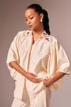 Shop_neetiandmudita_Ivory Cotton Embellished Floral Collared Shirt And Pant Co-ord Set _Online_at_Aza_Fashions