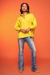 Buy_neetiandmudita_Yellow Cotton Embroidered Diamante Collared Asymmetric Shirt _at_Aza_Fashions