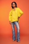 neetiandmudita_Yellow Cotton Embroidered Diamante Collared Asymmetric Shirt _Online_at_Aza_Fashions