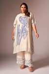 Buy_neetiandmudita_Off White Crepe Silk Stencil Ink High Neck Kaftan Tunic With Pant _Online_at_Aza_Fashions