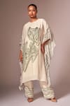 Buy_neetiandmudita_Off White Crepe Silk Stencil Ink High Neck Kaftan Tunic And Pant Set _at_Aza_Fashions