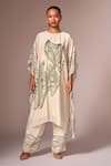 neetiandmudita_Off White Crepe Silk Stencil Ink High Neck Kaftan Tunic And Pant Set _Online_at_Aza_Fashions