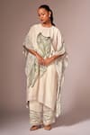 neetiandmudita_Off White Crepe Silk Stencil Ink High Neck Kaftan Tunic And Pant Set _at_Aza_Fashions