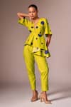 Buy_neetiandmudita_Yellow Cotton Polka Dots Tie-up V Neck Asymmetric Peplum Top And Pant Co-ord Set _at_Aza_Fashions