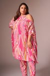 neetiandmudita_Pink Crepe Silk Printed Abstract Wave Halter Neck Asymmetric Kurta With Pant _at_Aza_Fashions