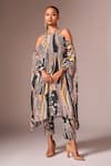 Buy_neetiandmudita_Multi Color Crepe Silk Printed Abstract Wave Halter Asymmetric Kaftan With Pant _at_Aza_Fashions