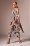 Shop_neetiandmudita_Multi Color Crepe Silk Printed Abstract Wave Halter Asymmetric Kaftan With Pant _Online_at_Aza_Fashions