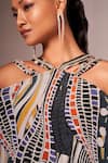 neetiandmudita_Multi Color Crepe Silk Printed Abstract Wave Halter Asymmetric Kaftan With Pant _at_Aza_Fashions