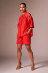 Shop_neetiandmudita_Red Cotton Embellished Sequin Mandarin Collar Placed Shirt With Shorts _at_Aza_Fashions