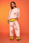 Shop_neetiandmudita_Pink Crepe Silk Print Abstract Leaf Boat Neck Top With Pant _at_Aza_Fashions