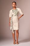 Buy_neetiandmudita_White Crepe Silk Print Abstract Round Neck Dress _at_Aza_Fashions