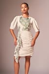 Buy_neetiandmudita_White Crepe Silk Print Abstract Round Neck Dress _Online_at_Aza_Fashions