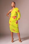 Buy_neetiandmudita_Yellow Crepe Silk Print Abstract Asymmetric Neck Motif One Shoulder Dress_at_Aza_Fashions