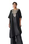 Shop_Tarun Tahiliani_Black Silk Dupion Embroidered Floral Round Yoke Kaftan And Pant Set _Online_at_Aza_Fashions