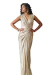 Shop_Tarun Tahiliani_Ivory Foil Jersey Embroidered Swarovski V Neck Tt Brooch Draped Dress_Online_at_Aza_Fashions