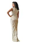 Tarun Tahiliani_Ivory Foil Jersey Embroidered Swarovski V Neck Tt Brooch Draped Dress_at_Aza_Fashions