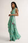 Buy_Vishala Shree_Green Crepe Silk Print Floral V Neck Hellebores Garden Saree Wit Blouse_Online_at_Aza_Fashions
