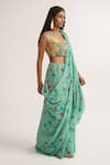 Shop_Vishala Shree_Green Crepe Silk Print Floral V Neck Hellebores Garden Saree Wit Blouse_Online_at_Aza_Fashions