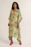 Buy_Vishala Shree_Yellow Crepe Silk Print Tropical V Neck Chrysanthemum Kaftan _at_Aza_Fashions