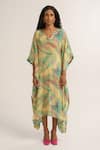 Vishala Shree_Yellow Crepe Silk Print Tropical V Neck Chrysanthemum Kaftan _Online_at_Aza_Fashions