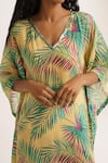 Shop_Vishala Shree_Yellow Crepe Silk Print Tropical V Neck Chrysanthemum Kaftan _Online_at_Aza_Fashions