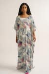 Vishala Shree_White Crepe Silk Print Tropical Scoop Neck Squill Kaftan _Online_at_Aza_Fashions