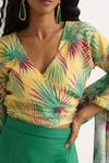 Vishala Shree_Yellow Crepe Silk Print Tropical V Neck Allamanda Top Skirt Set _at_Aza_Fashions