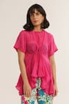 Buy_Vishala Shree_Pink Crepe Silk Print Floral Round Neck Azalea Asymmetric Top With Pant_Online_at_Aza_Fashions