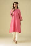 Buy_Mushio_Pink Chanderi Silk Placement Embroidery Zari Round Neck Gulzar Kurta _Online_at_Aza_Fashions